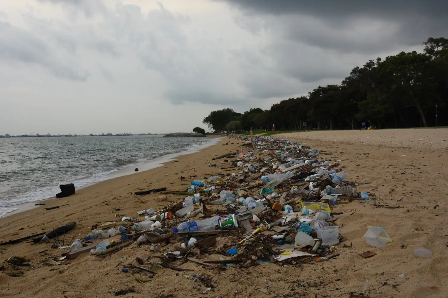 A coastline buried under washed-up plastic litter beneath a heavy sky
